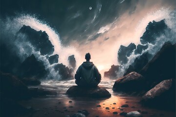 a person meditating on a rocky beach, with the waves crashing behind them (AI Generated)