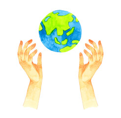 上に向けた両手のひらと地球　手描き水彩イラスト素材