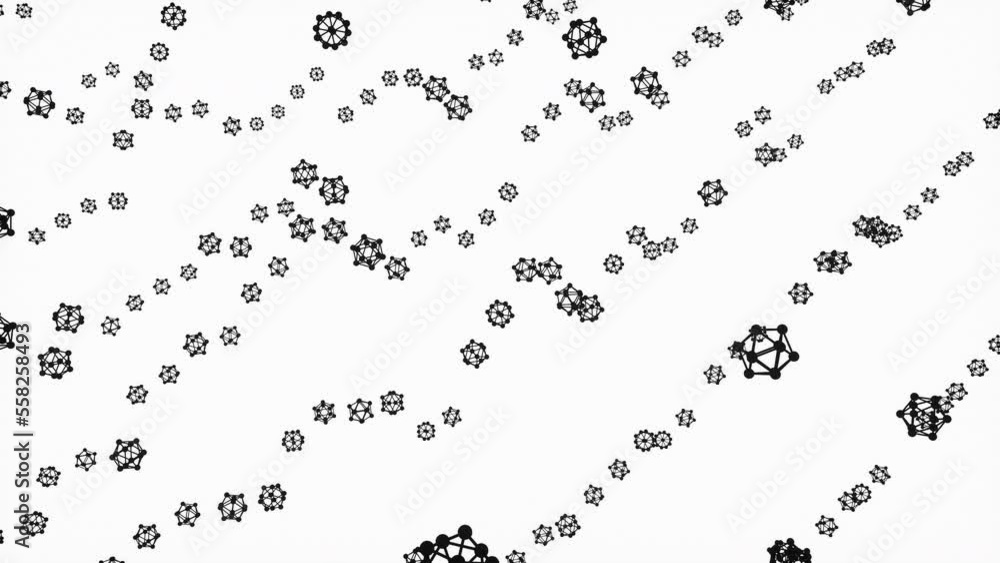 Poster waves of black atoms on a white background. 3d rendering animation.