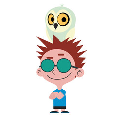 funny cartoon boy and owl on the head cartoon vector