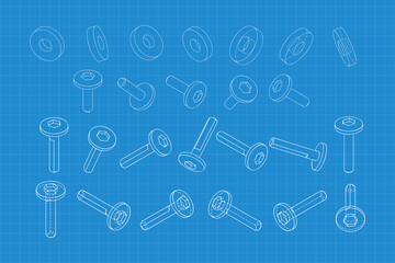 Mechanical engineering drawings on blue background. Cutter, assembly tool with replaceable multi-faceted plate. Technical Design. Cover. Blueprint. Vector illustration.