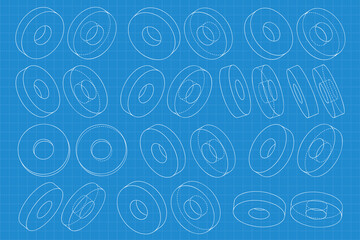 Mechanical engineering drawings on blue background. Cutter, assembly tool with replaceable multi-faceted plate. Technical Design. Cover. Blueprint. Vector illustration.