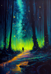 Enchanted Forest with Vibrant Colors and Sparkling Light Background