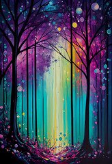 Enchanted Forest with Vibrant Colors and Sparkling Light Background