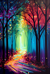 Enchanted Forest with Vibrant Colors and Sparkling Light Background