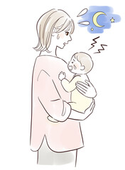 夜泣きする赤ちゃんと抱っこするお母さん