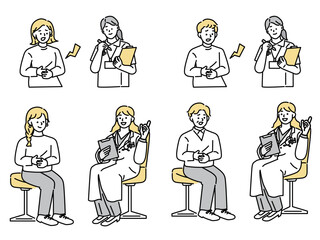 病院、診察のイラスト(病気、診療、入院、治療、腹痛、医者、看護師) Illustration of hospital examination.Illness, medical treatment, hospitalization, treatment, abdominal pain, doctors, nurses.