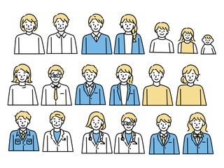 人物イラスト(夫婦、シニア世代、子供、高校生、医者、作業員、ビジネス、仕事、老若男女、ジェネレーション、Z世代、ミレニアム世代)