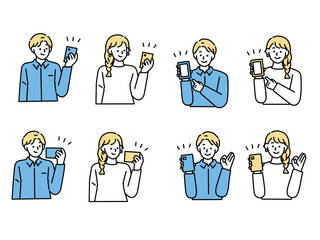 スマートフォンを持った男女のイラスト(スマホ、SNS、ソーシャル、キャッシュレス、ネットワーク) Illustrations of men and women holding smartphones.Smartphones, SNS, social networks, cashless networks. 