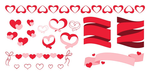 Zestaw czerwonych i różowych elementów na Walentynki. Chorągiewki, serca duże, małe, serca wycinanki, wstążki na białym tle. Wektorowe ilustracje do wykorzystania na 14 lutego.