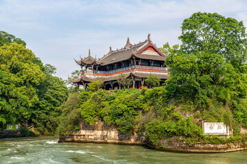 The ancient buildings in the Dujiangyan Irrigation System in Chengdu city Sichuan province, China. - obrazy, fototapety, plakaty