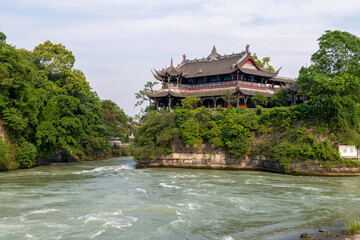 The ancient buildings in the Dujiangyan Irrigation System in Chengdu city Sichuan province, China.