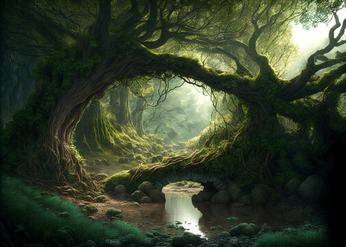 Fantasy forest path and overgrown bridge scene AI Generative	