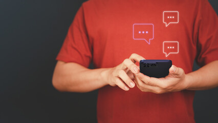 Man hand using smartphone typing live chat chatting on application communication digital web and social network concept. Social media application chat box.