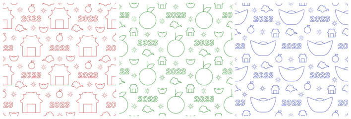 Set of Chinese Lunar New Year 2023 Days Seamless Pattern Decoration Template Hand Drawn Cartoon Flat Illustration