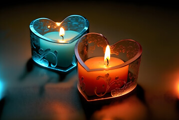 Multicolored candles in decorative heart shaped containers, generative AI