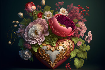 Bouquet of Valentine's Day flowers in a heart shaped decorative vase, generative AI