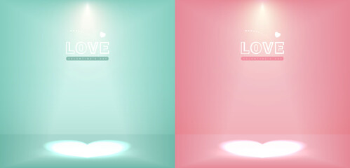Set of soft background Pastel green and pink with Heart-shaped lights shining on the ground. Empty for product display. Elements for Valentine's day. Minimal style. Vector illustration