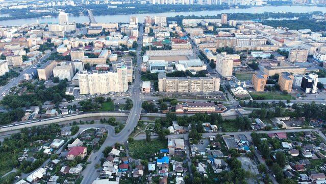 Krasnoyarsk City Aerial Panoramic View From Karaulnaya Mountain.