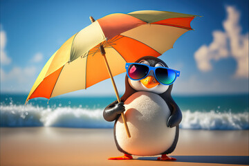 adorable penguin in sunglasses on the beach with beach umbrella - obrazy, fototapety, plakaty