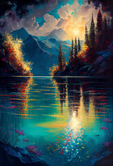 Glittering Lake Landscape with Mountain Background that shimmers in the sunlight, Generative Ai Lake Landscape Concept