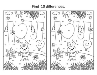 Valentine's Day difference game and coloring page with I Love You message and cute little bunny

