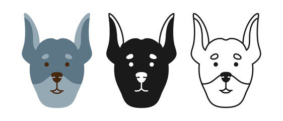 Dog doberman faces cartoon character set. Cute puppy childish kawaii head symbol muzzle, line doodle, icon or silhouette. Smiling funny doggy pet baby, comic print flat sticker template vector