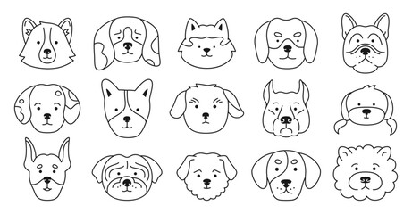 Dog faces emotion doodle outline character set. Cute puppy kawaii head muzzle linear icon. Smiling funny childish doggy pet baby contour illustration. Comic drawing template for kid card, poster cover