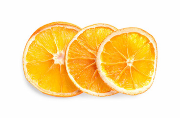 Delicious dry orange slices on white background, top view