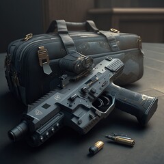 Black Firearm in front of tactical bag, created with Generative AI technology