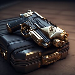 Obraz premium Metallic high-tech gun laying on top of a tactical bag, created with Generative AI technology