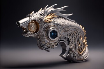 A futuristic gun with dragon carving form, created with Generative AI technology