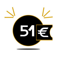 51€, fifty one euro inside black circle with golden border for web page and advertisement