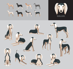Dog Saluki Black and White Coat Cartoon Vector Illustration Color Variation Set