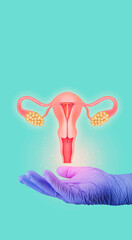 hand holding a T-shaped birth control intrauterine device, IUD inside the female reproductive organ. Copper IUD. modern medicine science