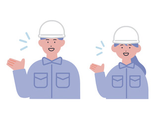 案内をする作業服の男女のイラスト