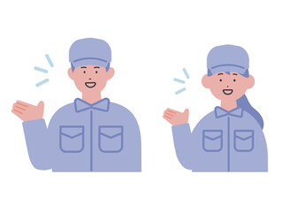 案内をする作業服の男女のイラスト