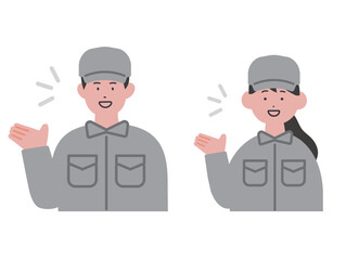 案内をする作業服の男女のイラスト