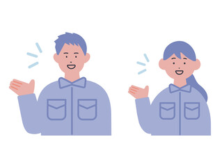 Fototapeta premium 案内をする作業服の男女のイラスト