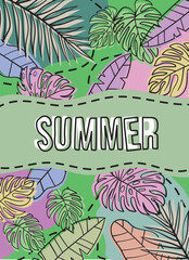 Summer concept design, summer panorama, abstract illustration with jungle exotic leaves, colourful design, summer book cover design, greeting cards, wallpaper, pamflet and banner