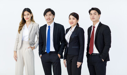 Portrait studio full body shot Asian young professional successful male female businessmen businesswomen management group in formal suit standing smiling posing showing thumb up on white background
