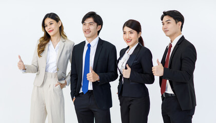 Portrait studio full body shot Asian young professional successful male female businessmen businesswomen management group in formal suit standing smiling posing showing thumb up on white background