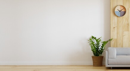 white wall mockup with sofa ornaments, plants, and wooden planks