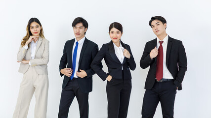Portrait studio full body shot Asian young professional successful male female businessmen businesswomen management group in formal suit standing smiling posing showing thumb up on white background