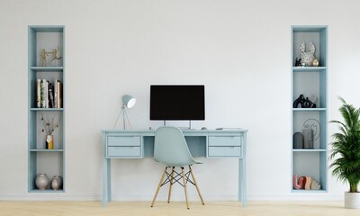 study room with blue furniture and monitor