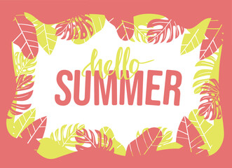 Summer concept design, summer panorama, abstract illustration with jungle exotic leaves, colourful design, summer book cover design, greeting cards, wallpaper, pamflet and banner