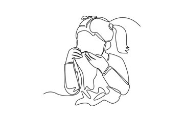 Continuous one line drawing Sick little girl use tissue to sneeze. Healthcare concept. Single line draw design vector graphic illustration.