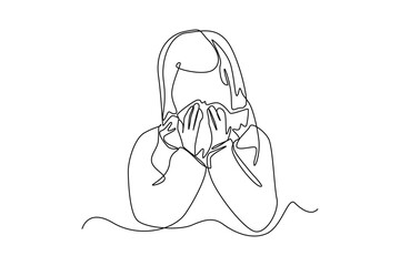 Continuous one line drawing Sick little girl use tissue to sneeze. Healthcare concept. Single line draw design vector graphic illustration.