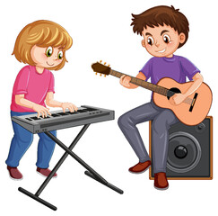 Two kids playing music instrument