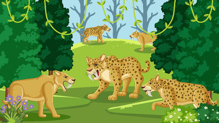 Obraz na płótnie Canvas Saber toothed cat group in the forest